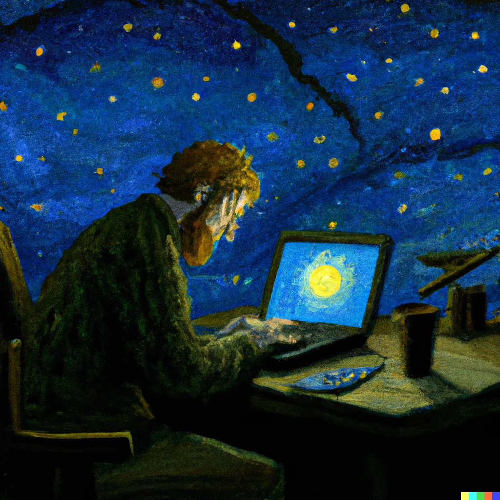 Prompt: the starry night from vincent van gogh featuring a developer working on a laptop