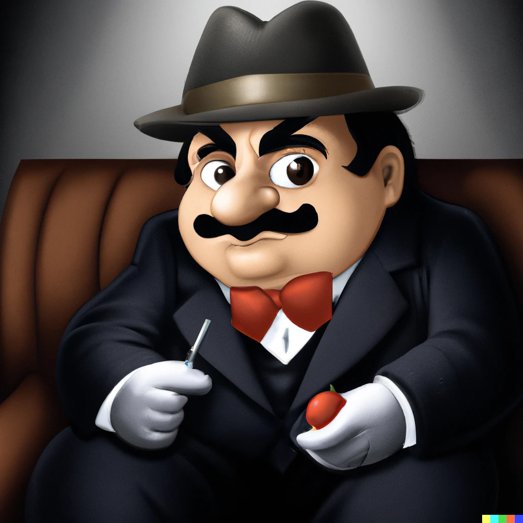 Prompt: Super Mario as Don Corleone, as a still from the movie.