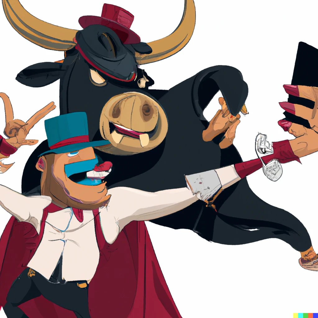 Prompt: A strong anthropomorphic bull and a matador taking a selfie together