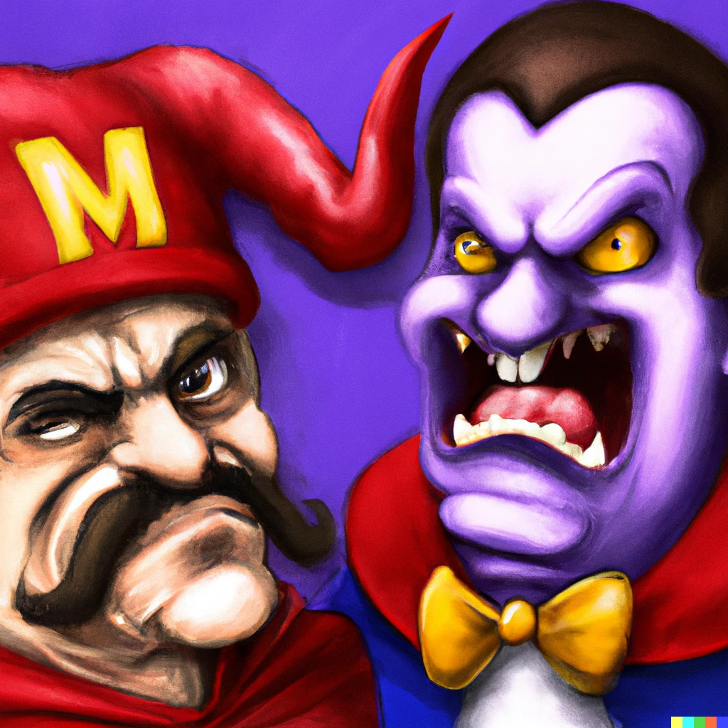 Prompt: Faust as Super Mario and Mephistopheles as Wario, photorealistic.