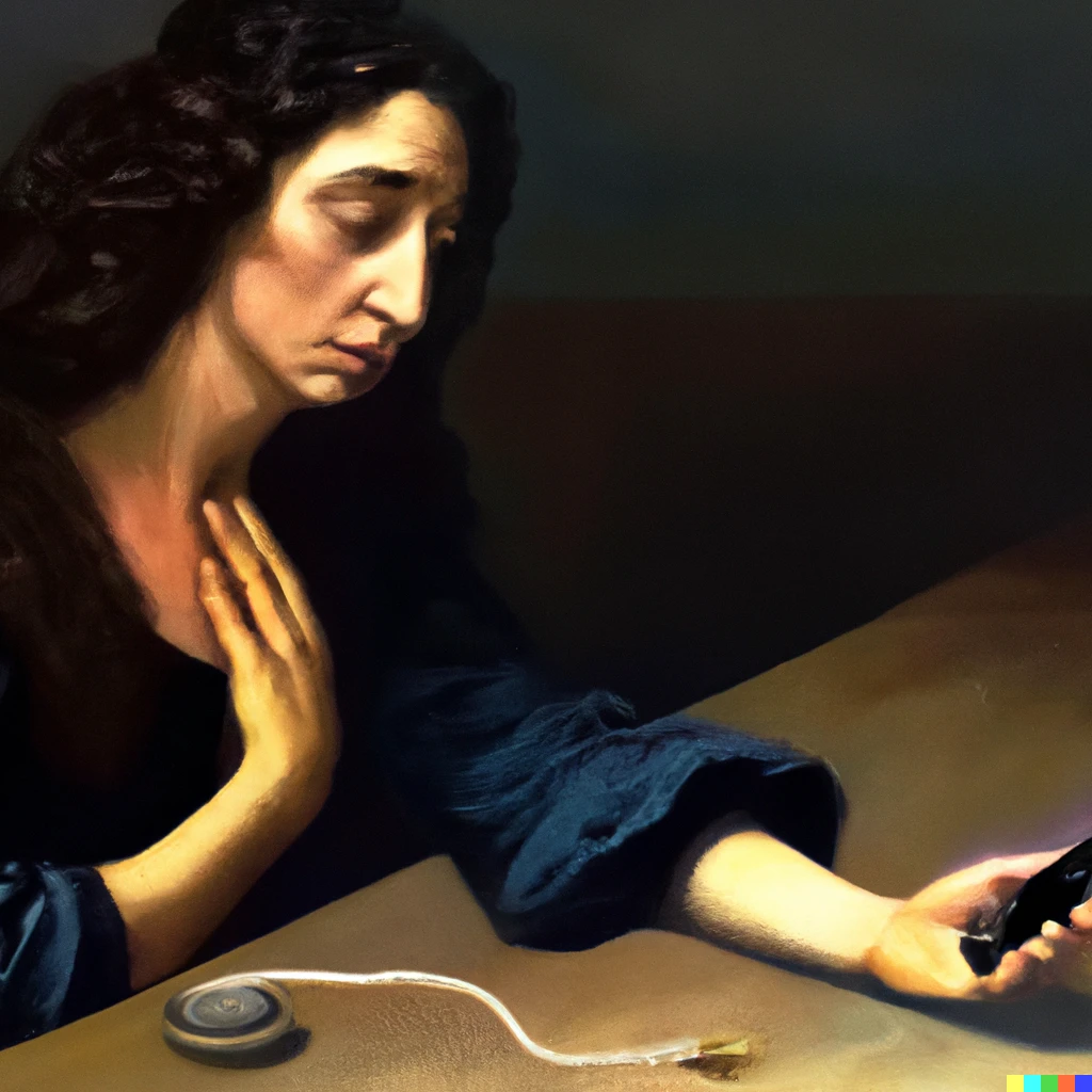 Prompt: A woman claiming about no connection of her smartphone, in the style of Caravaggio, oil painting.