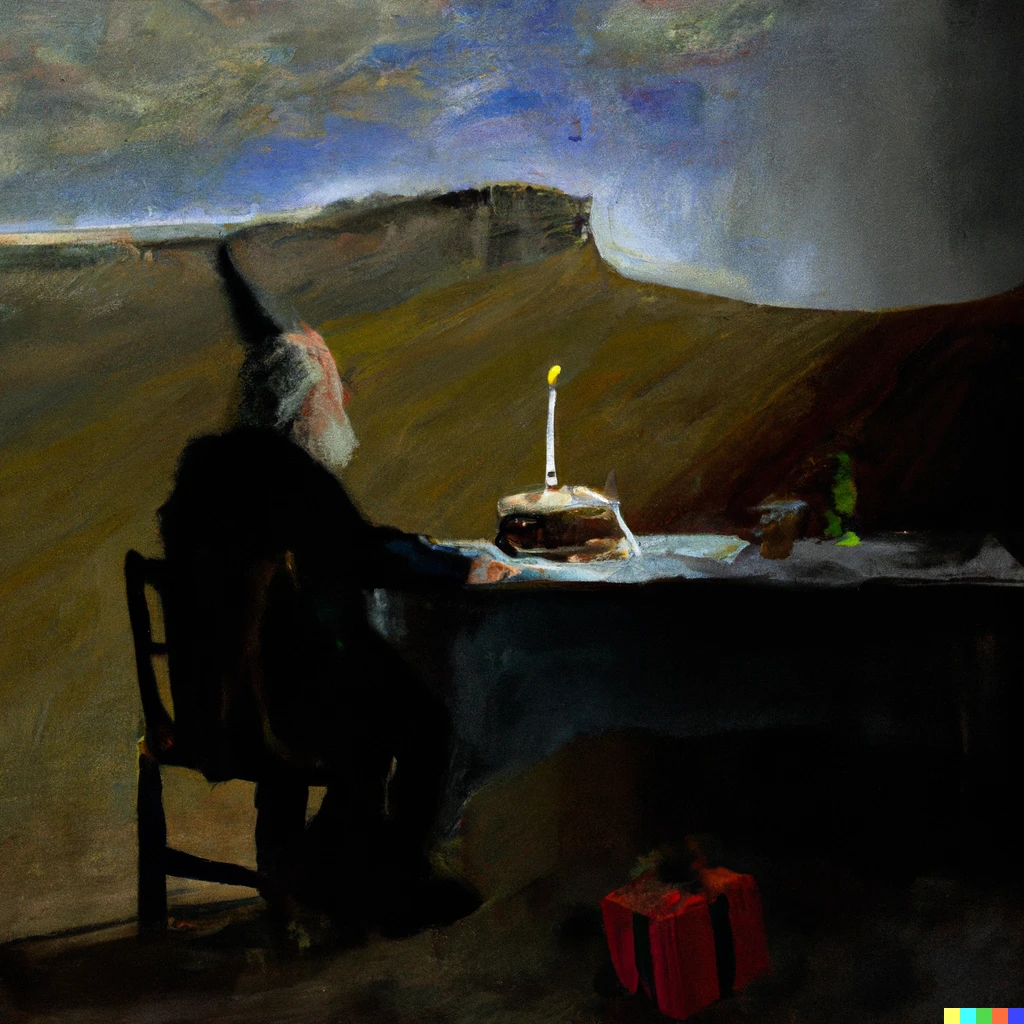 Prompt: An old man celebrating his Birthday  party alone, oil painting, in style of Caspar David Friedrich. 