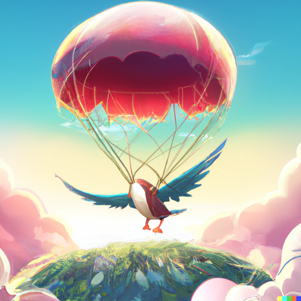 Prompt: A bird wearing a parachute in a fantastic world