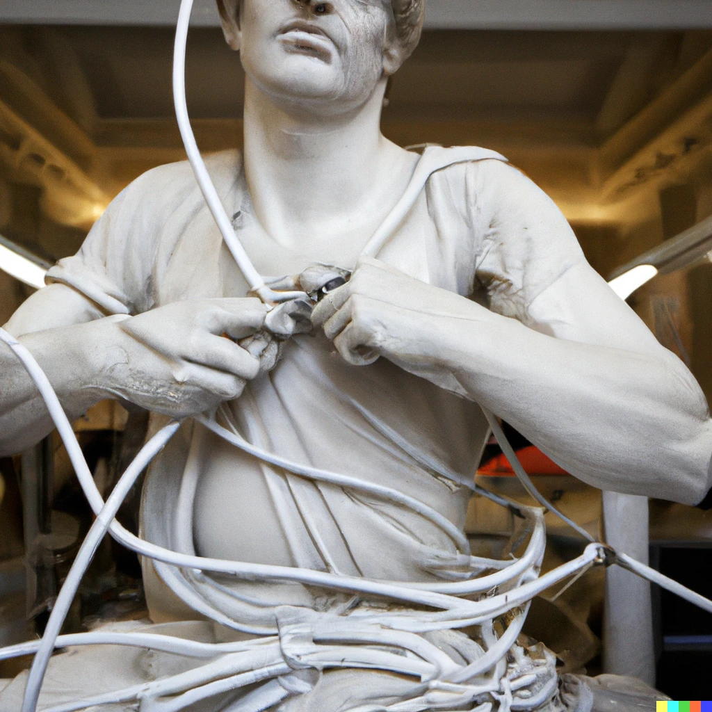 Prompt: An IT-guy trying to fix a hardware of a PC tower is being tangled by the PC cables like Laokoon. Marble, copy after an Hellenistic original from ca. 200 BC. Found in the Baths of Trajan, 1506.