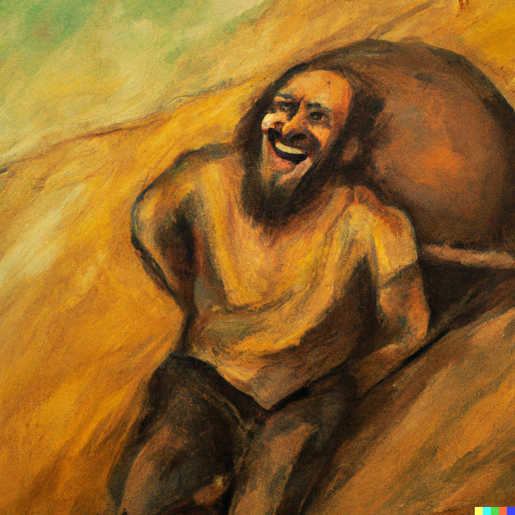 Prompt: Sisyphus as a happy man according to Albert Camus, an oil painting in the style of da Vinci.