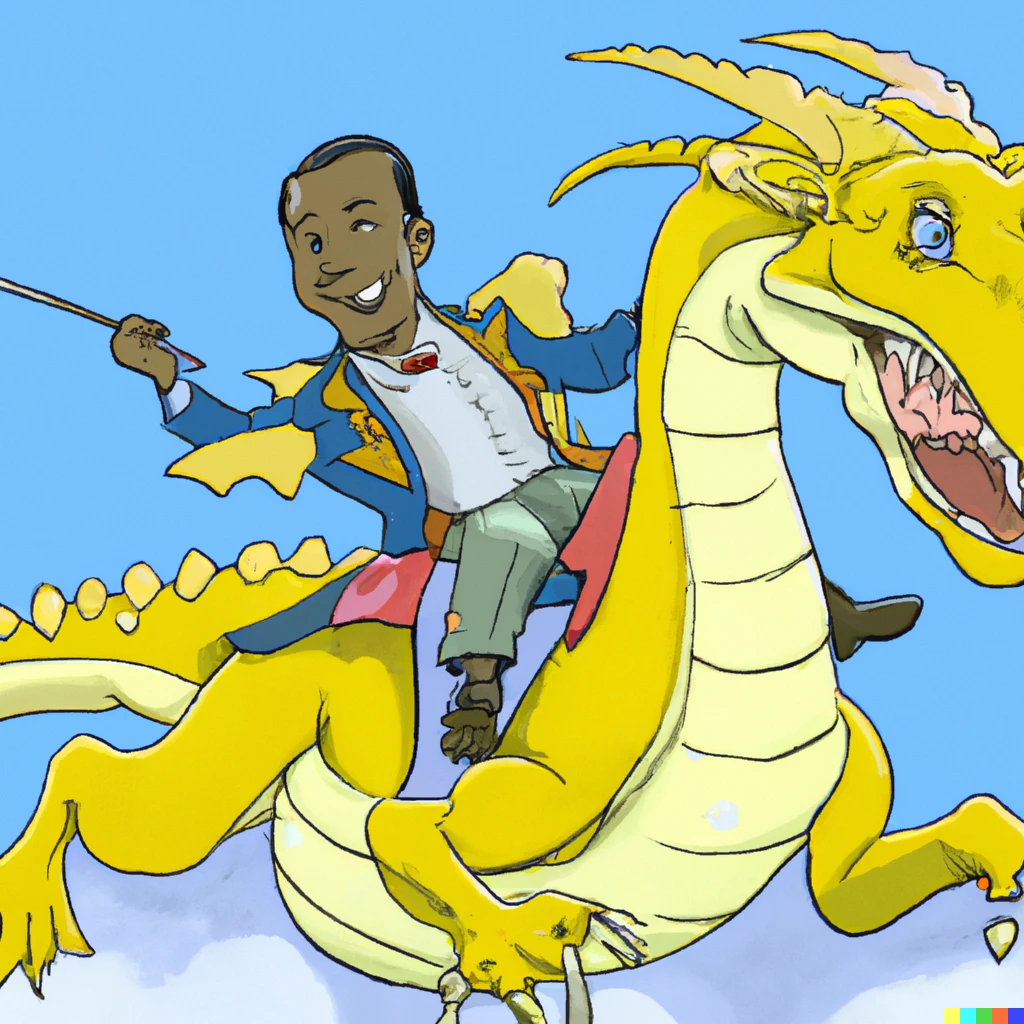 Prompt: Frankie manning riding a dragon