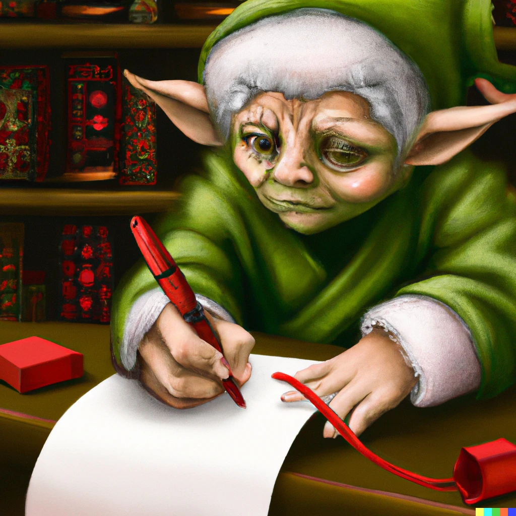 Prompt: Master Yoda writing an letter to Santa claus