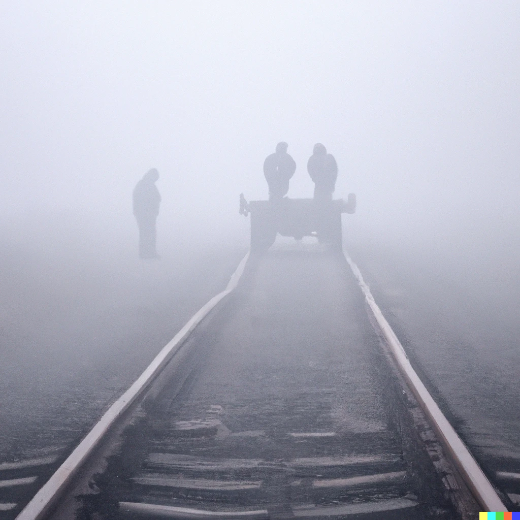 Prompt: Foggy rails, a railways handcar disappearing in the mist, in the handcar are three man sitting.