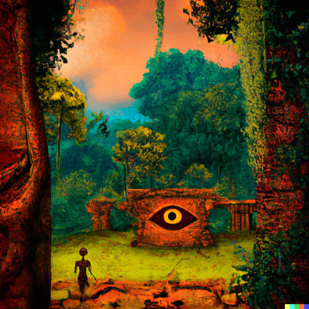 Prompt: Painting of ancient ruins in the jungle with the observer looking through a portal into a subset
