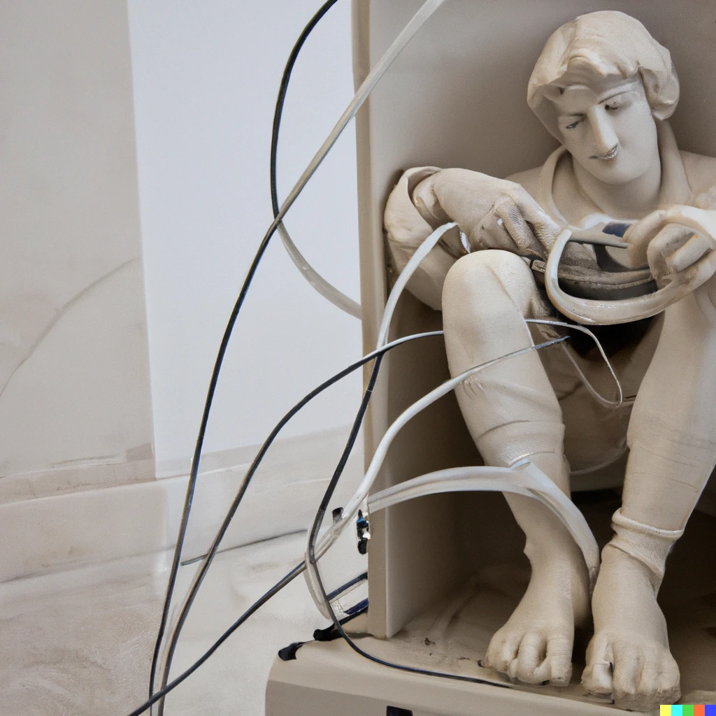 Prompt: An IT-guy trying to fix a hardware of a PC tower is being tangled in the PC cables like Laokoon. Marble, copy after an Hellenistic original from ca. 200 BC. Found in the Baths of Trajan, 1506.