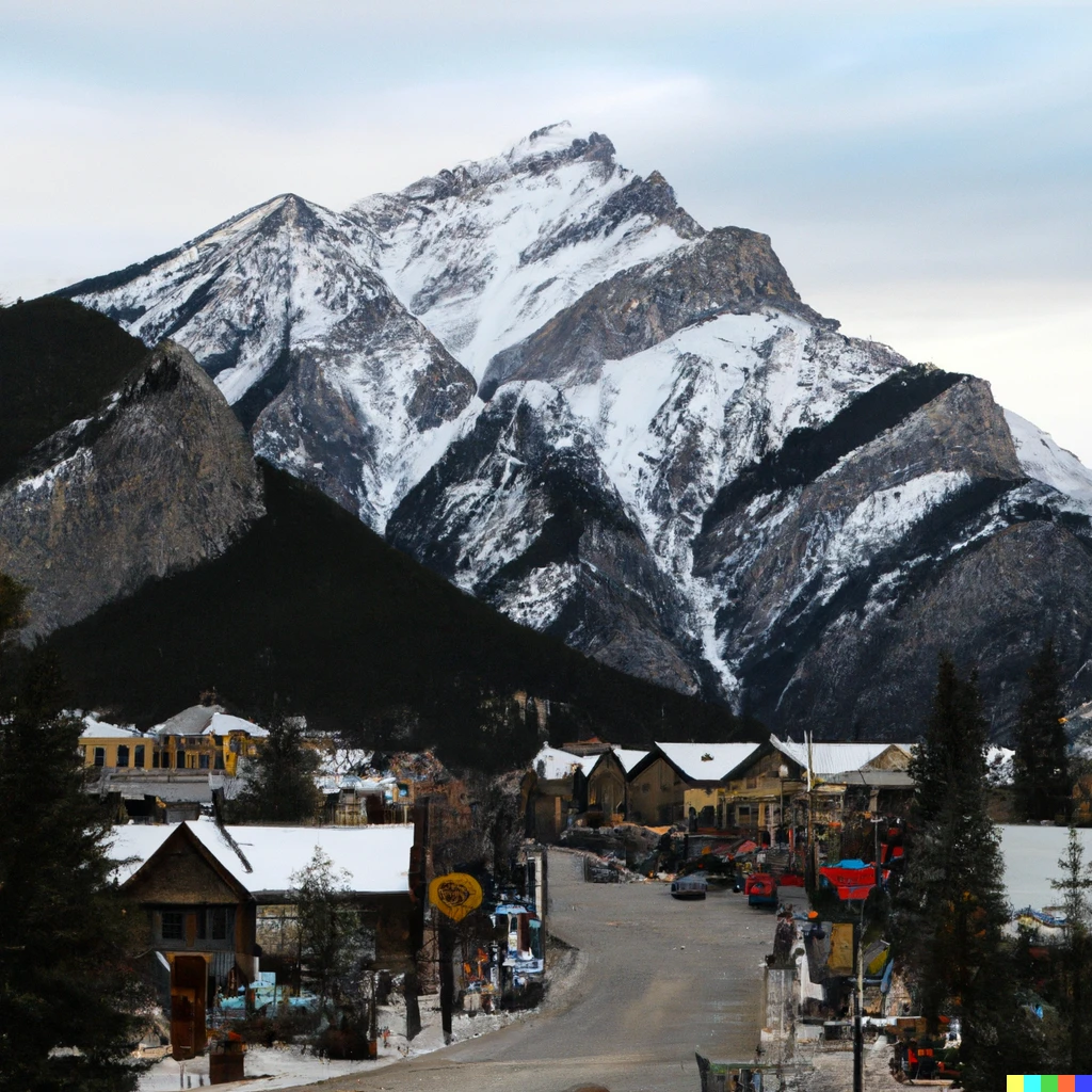 Prompt: The Town of Banff, devoid of people, full of bears, overshadowed by the Rocky Mountains, covered in snow