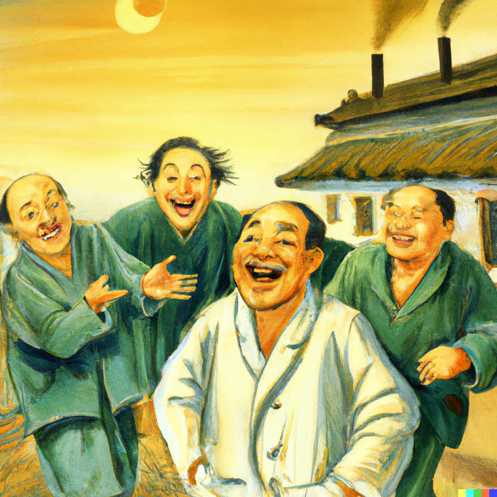 Prompt: Good morning, with laughing men, in style of Chinese Cynical Realism, by Yue Minjun