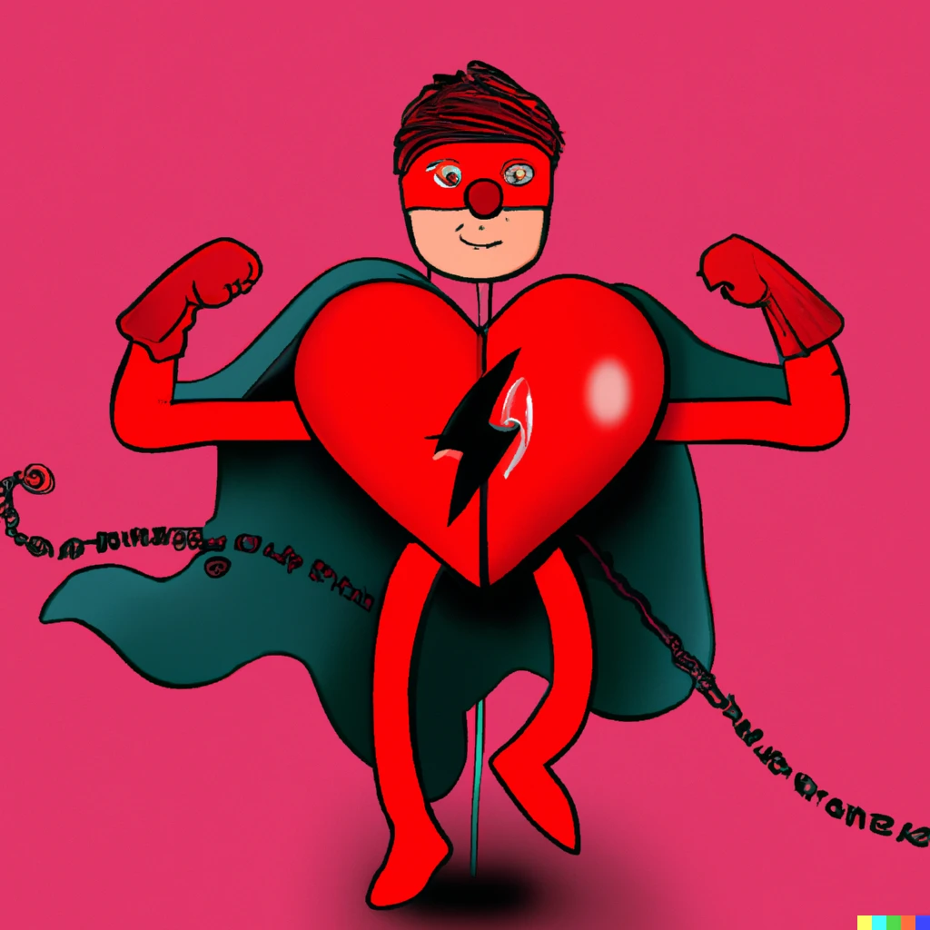 Prompt: a red heart like a superhero saving people from the danger of loneliness in comic style