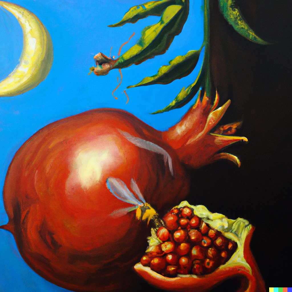 Prompt: Dream Caused by the Flight of a Bee Around a Pomegranate a Second Before Awakening, oil painting, in the style of Dalí
