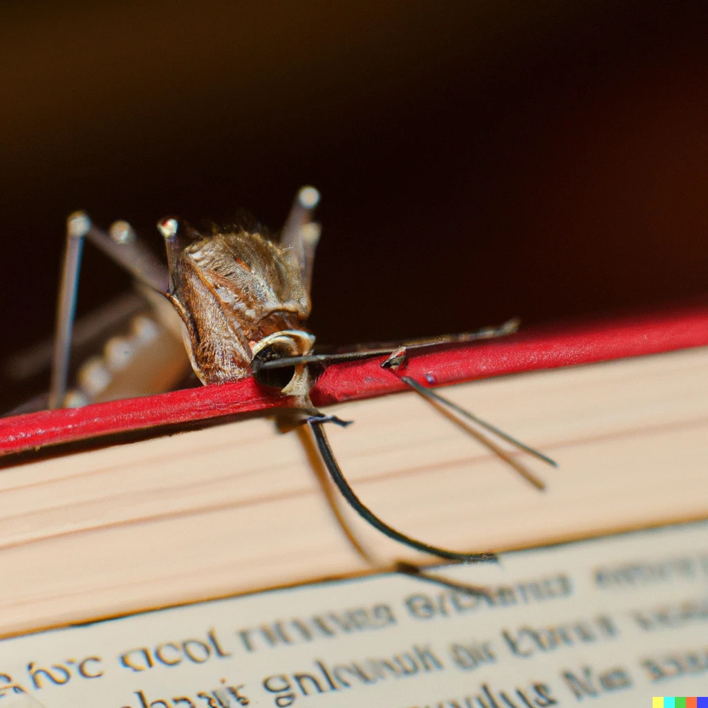Prompt: An educated mosquito with glasses reads a book while biting a skin, macro photography, Nikon D3100, f/0, exposure time 1/200, ISO 200