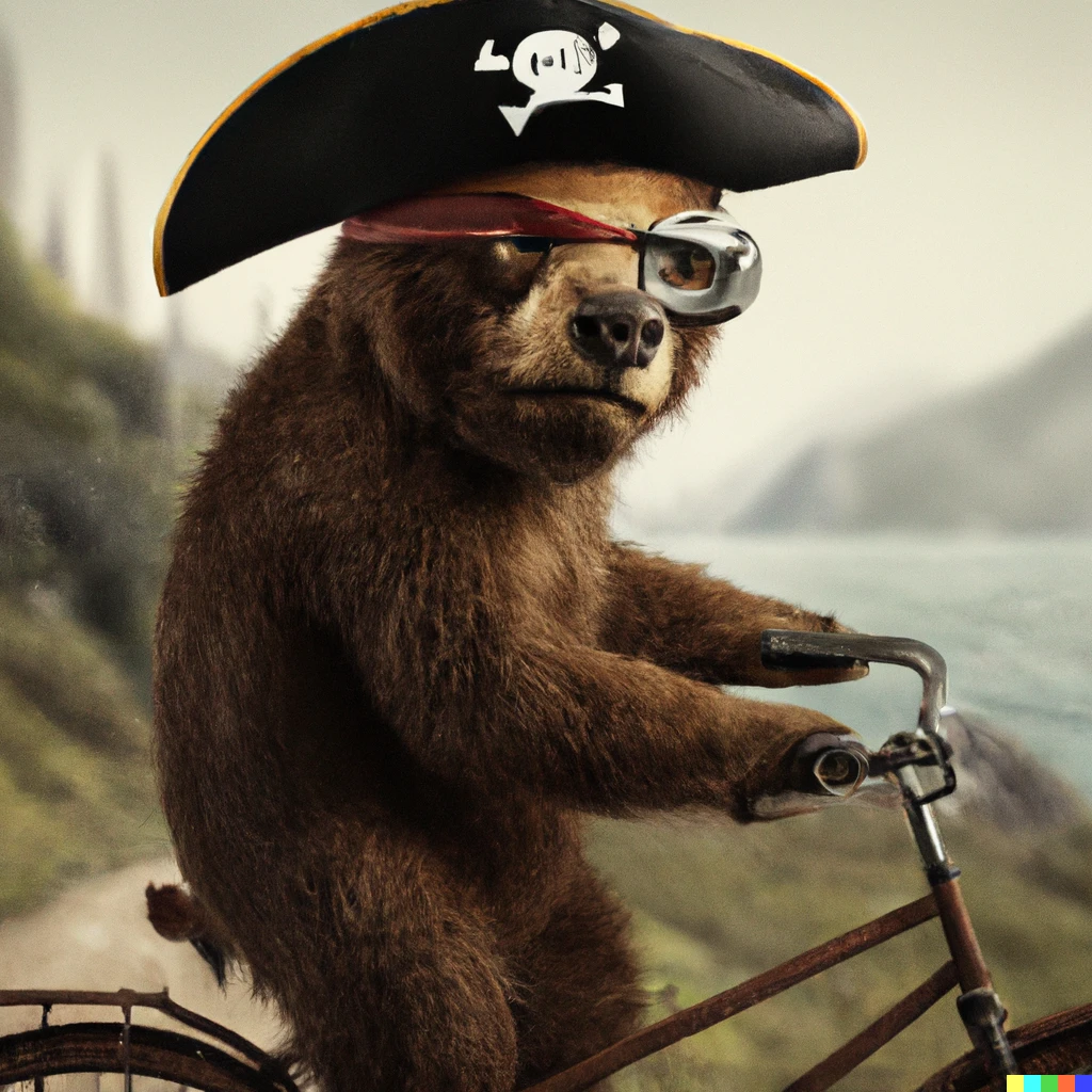 Prompt: A bear trying to look real, but he drive a bicycle and has a pirate hat on his head, an illustration by Michael Sowa, but as a photography.