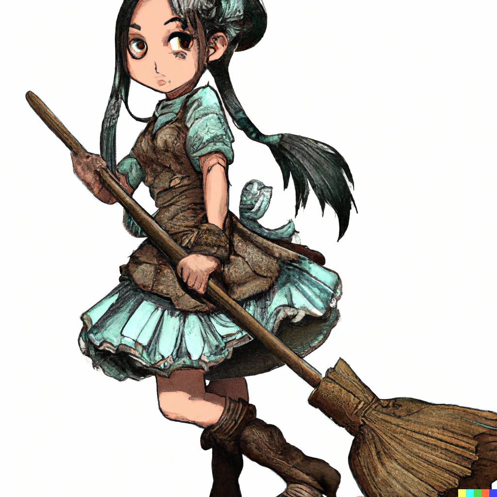 Prompt: Steampunk maid who has a broom, original style by Yukiwo