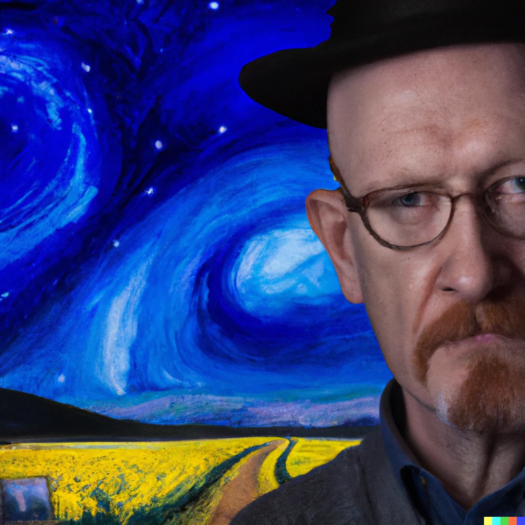 Prompt: Foreground: photo portrait of Walter White, studio light | background: Vincent Van Gogh Landscape, starry night