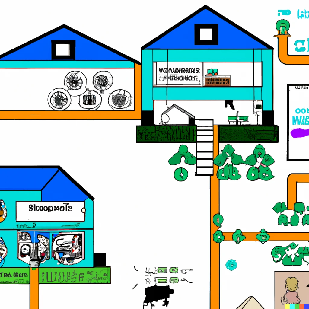 Prompt: a drawing of a house that has in the basement a Bitcoin mining facility on the first floor raising animals, on the second floor a hydroponic farm for vegetables on the third floor the home to live in and on the roof solar panels and wind generators Of electricity