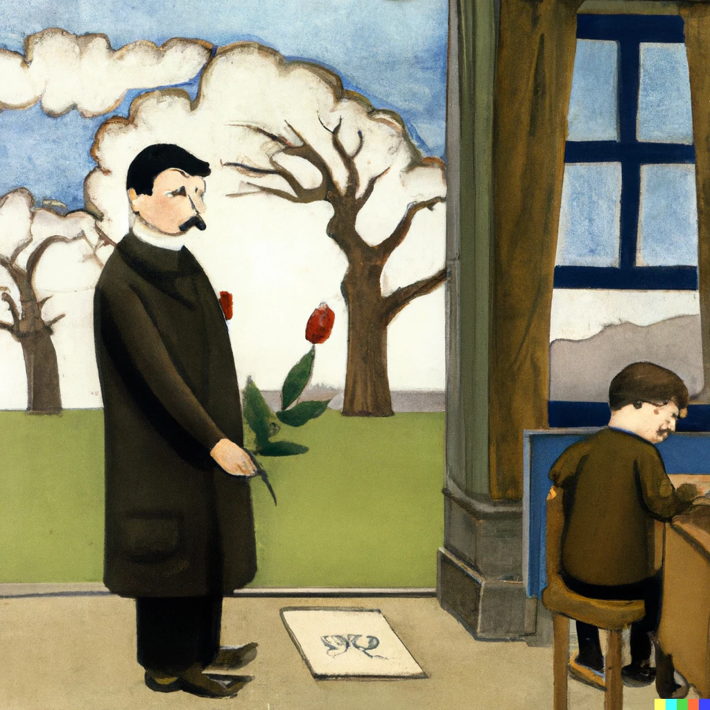 Prompt: Friedrich Nietzsche works in Kindergarden, by Magritte