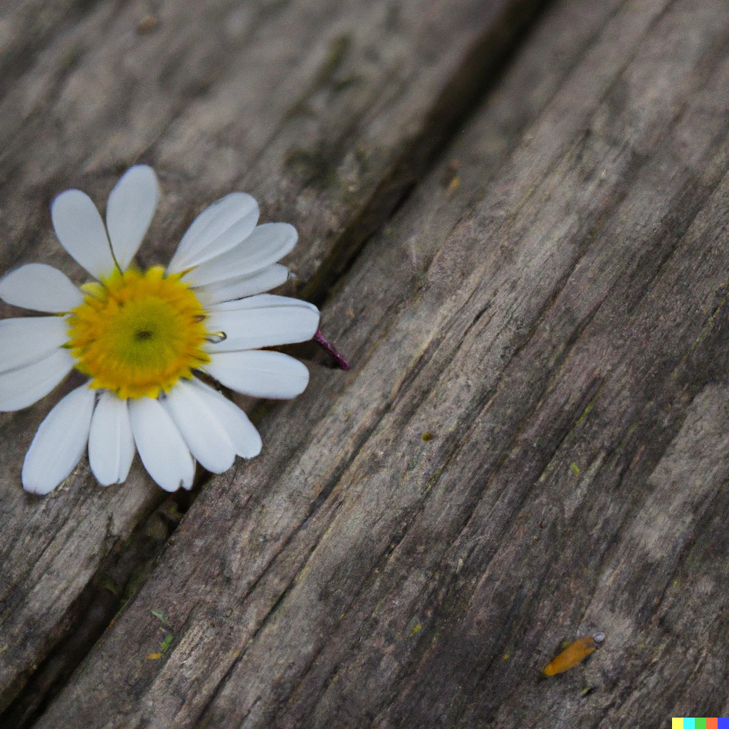Prompt: a flower on a wooden plank
