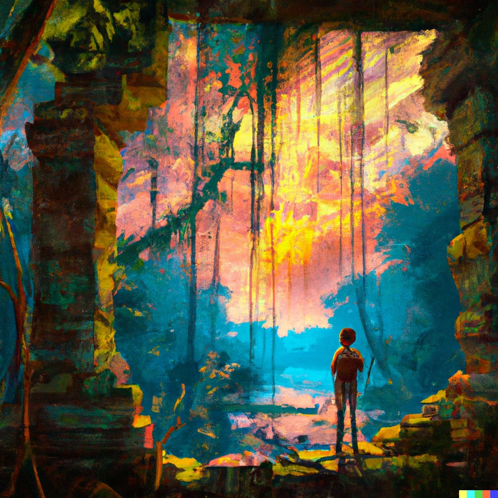Prompt: Painting of ancient ruins in the jungle with the observer looking through a portal into a sunset