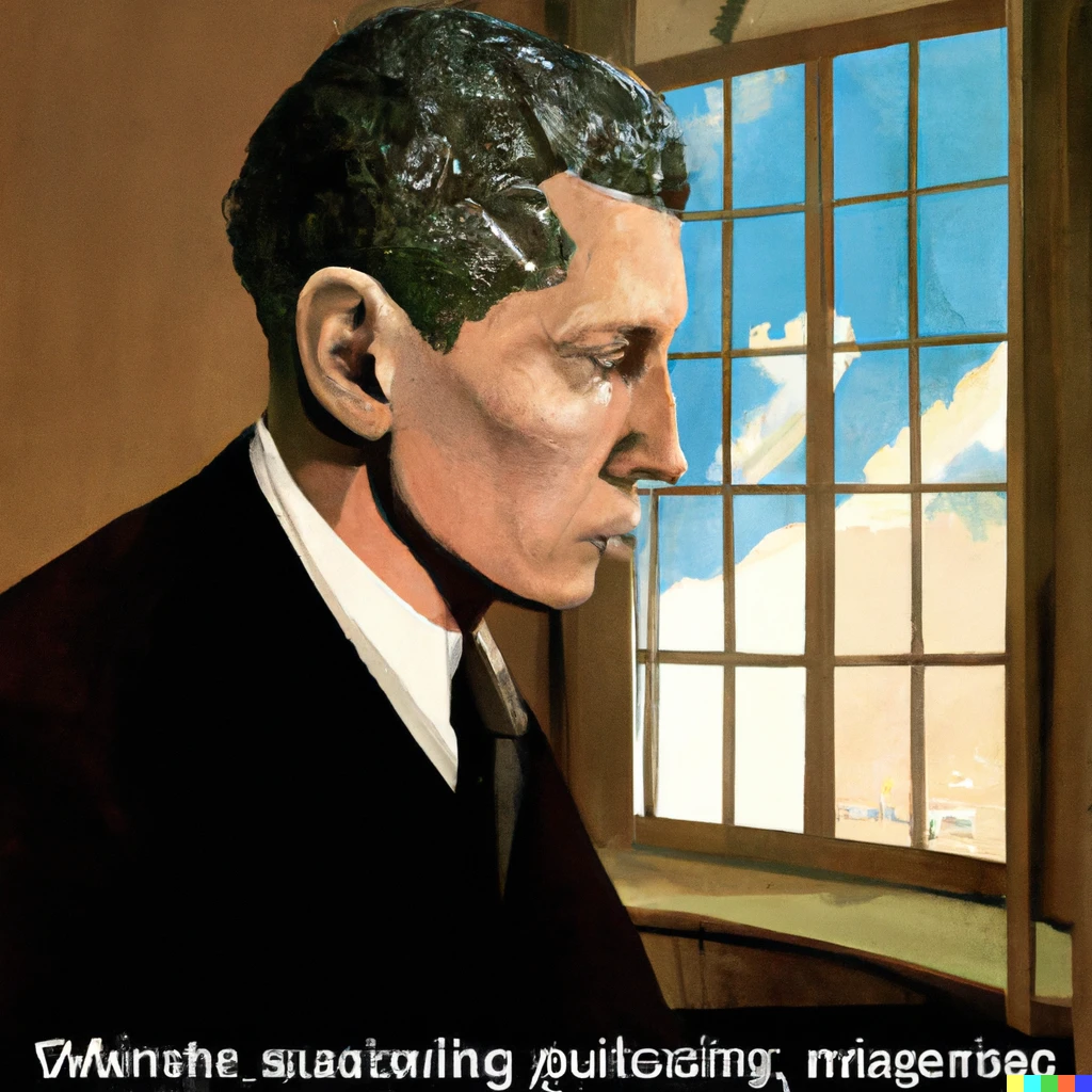 Prompt: Ludwig Wittgenstein keeps silence, by Magritte