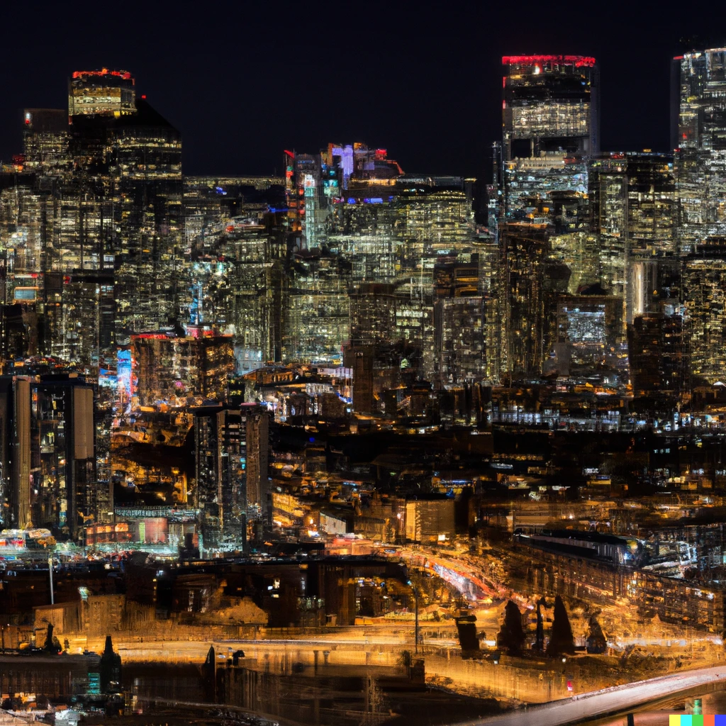 Prompt: The City of Calgary at night with exceptionally detailed lights and shadows