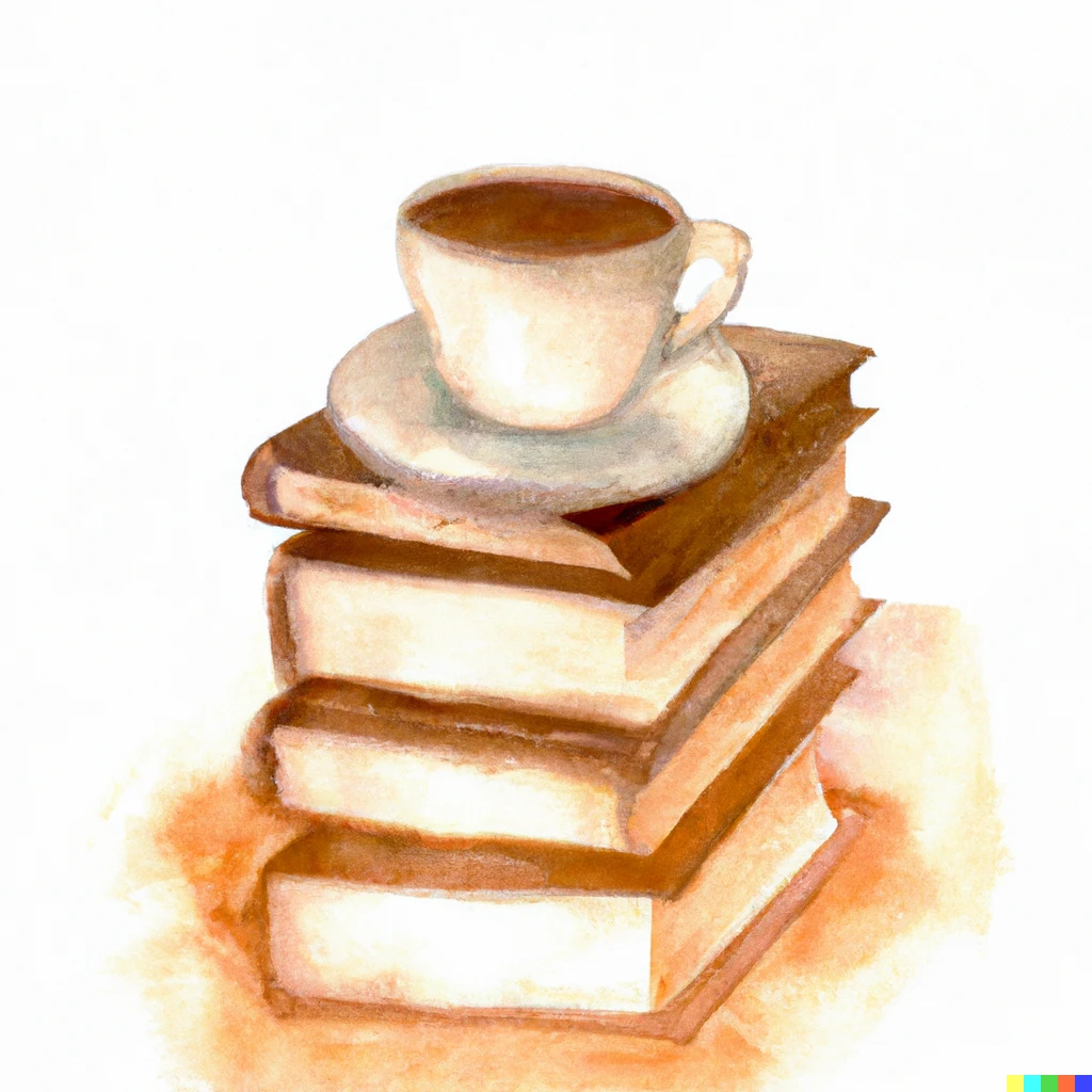 Prompt: watercolor of a coffee cup on a stack of books, painted with coffee.