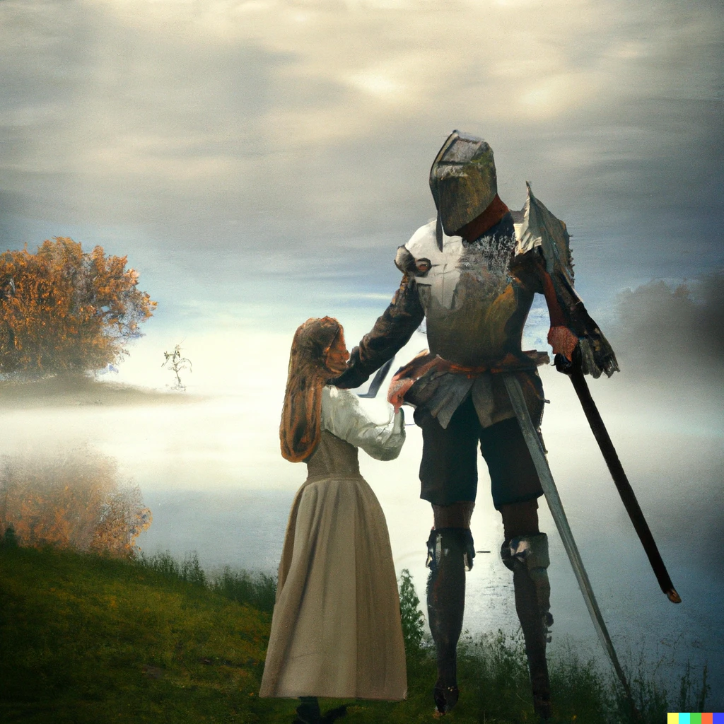 Prompt: photo of a mysterious tall knight standing next to a little peasant girl in front of a misty lake