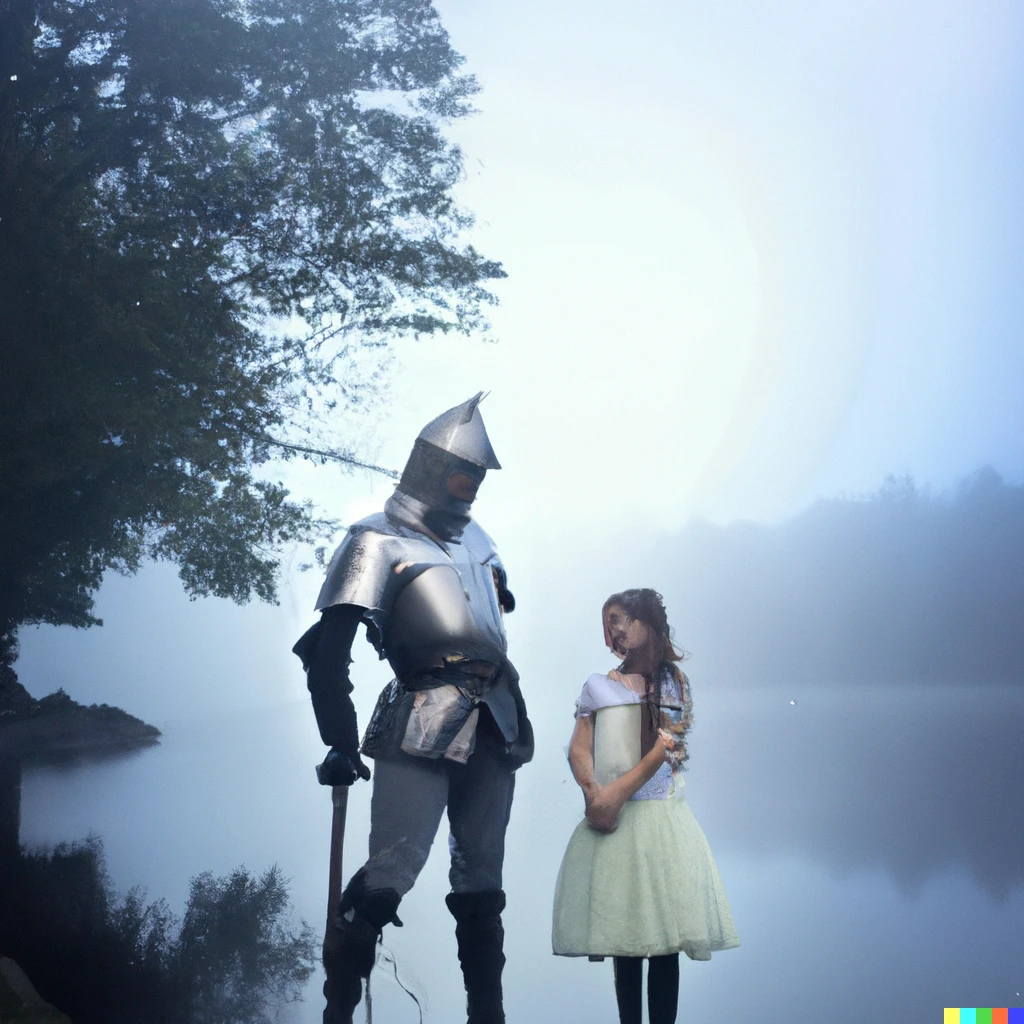 Prompt: photo of a mysterious tall knight standing next to a little peasant girl in front of a misty lake