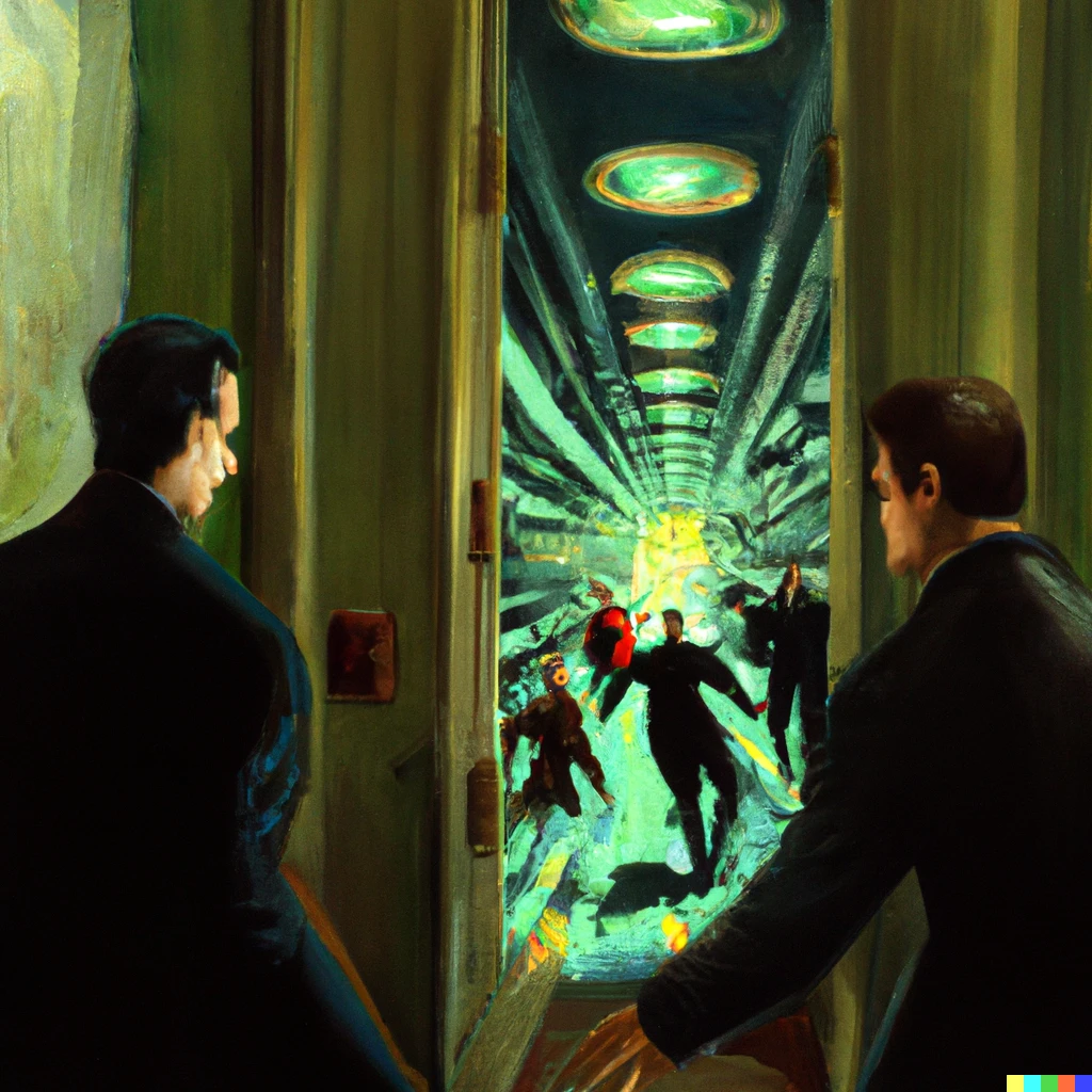 Prompt: A famous BulletTime scene from the movie Matrix with Neo. Neoclassical style, oil painting, very detailed.