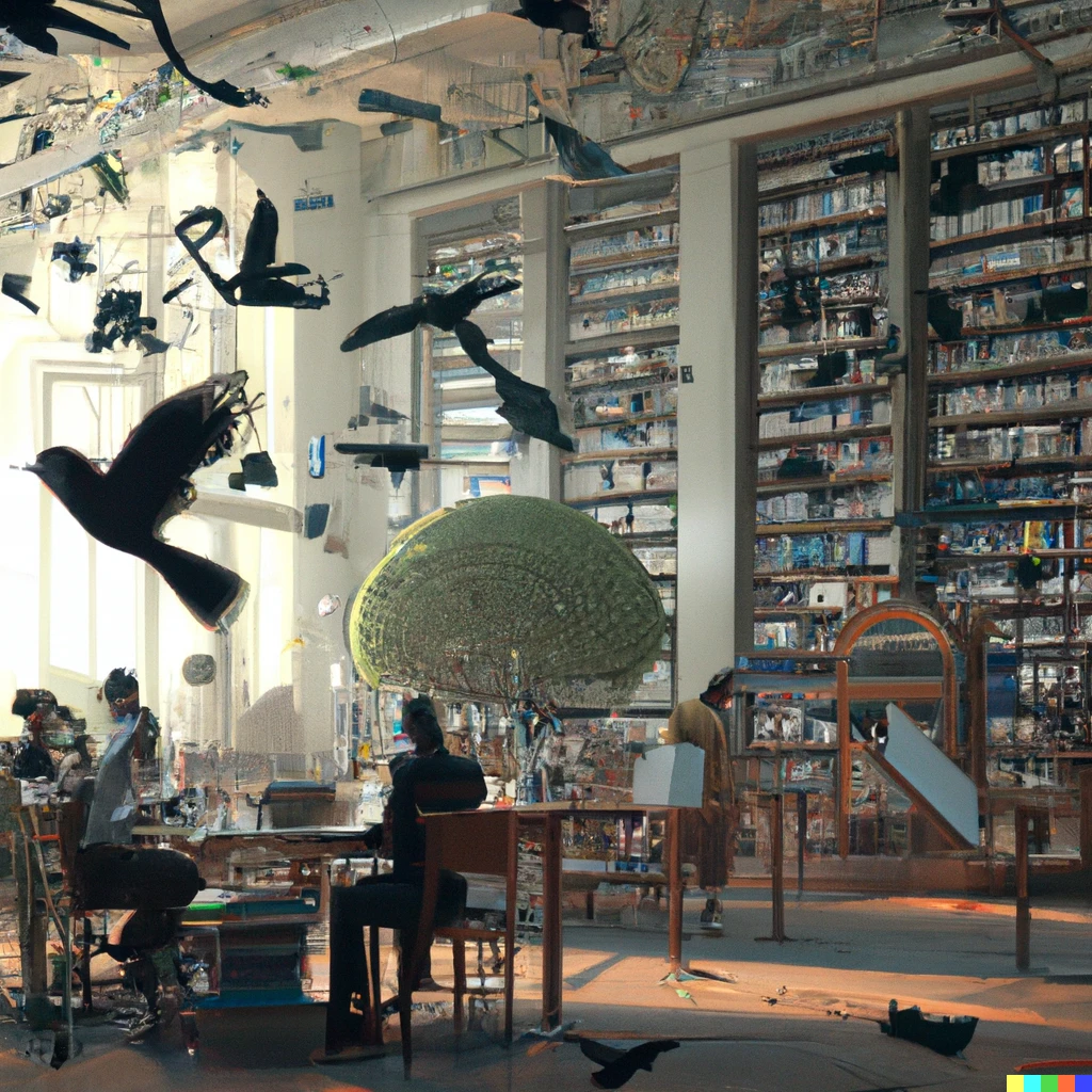 Prompt: Chaos in the library, with people reading books, birds, flying around, and trees everywhere, as a photorealistic hd photo, 4K.