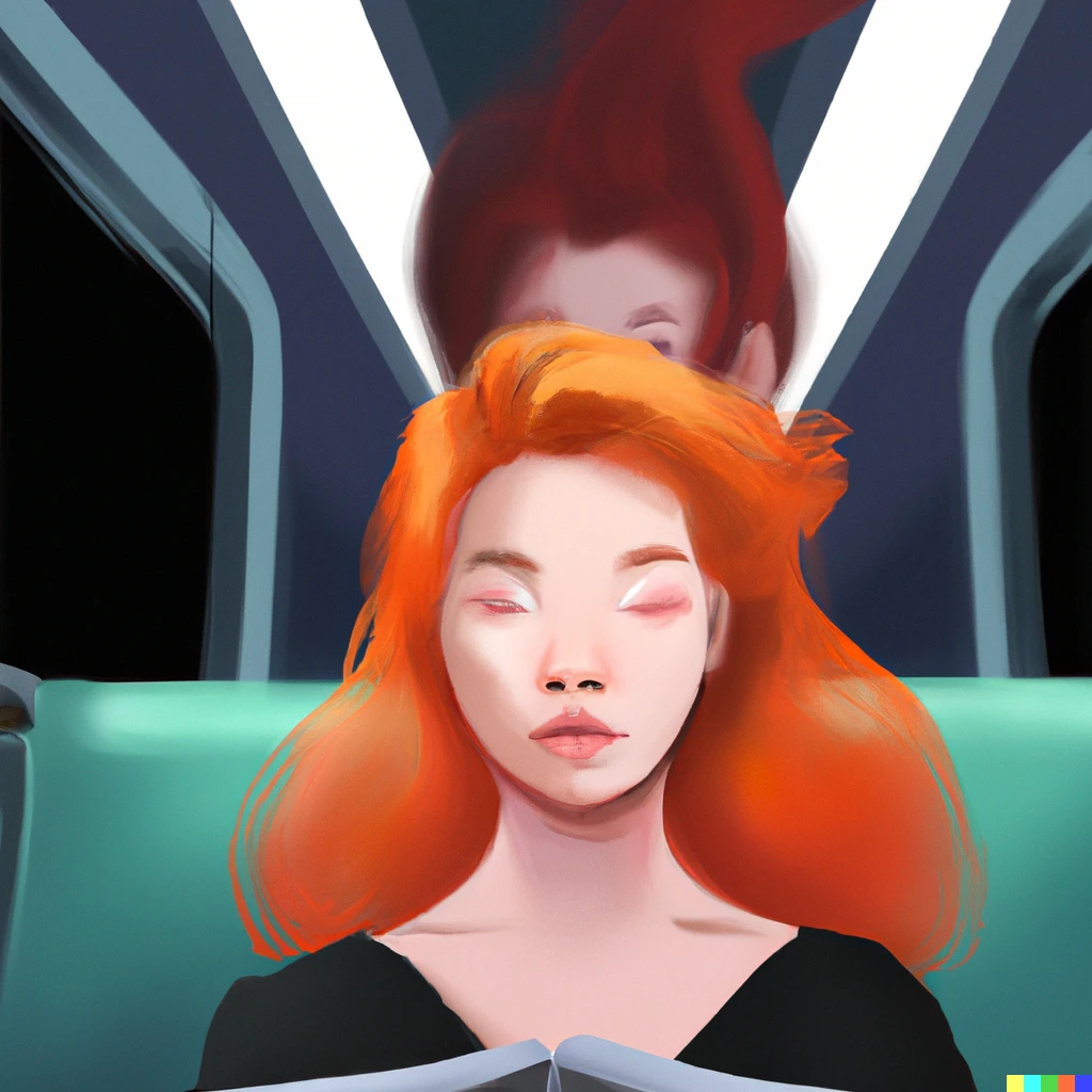 Prompt: A beautiful symmetrical portrait of a woman with red hair sitting on a subway train staring at an AI artist who is writing a prompt trending on artstation