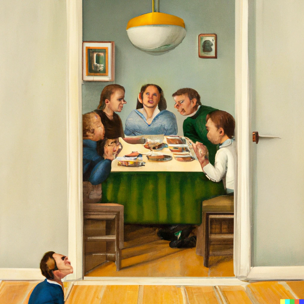 Prompt: A family have a meal at ikea table, one boy is staying in distance in door and is hungry, but he is not allowed to eat, oil painting by Norman Rockwell.