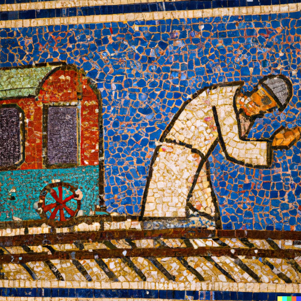 Prompt: A Mosaic in the basilica of #Aquileia depicting a man missing his train, with train leaving the station.