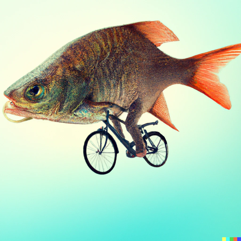 Prompt: Photo of a Fish Riding a Bicycle.