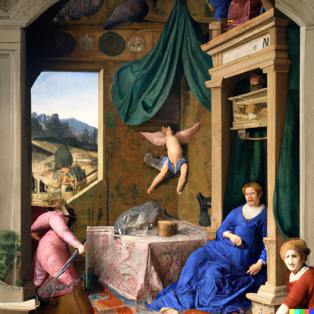 Prompt: Good morning, oilpainting on wood by Fra Bartolomeo, 1516, Palazzo Pitti, Florence