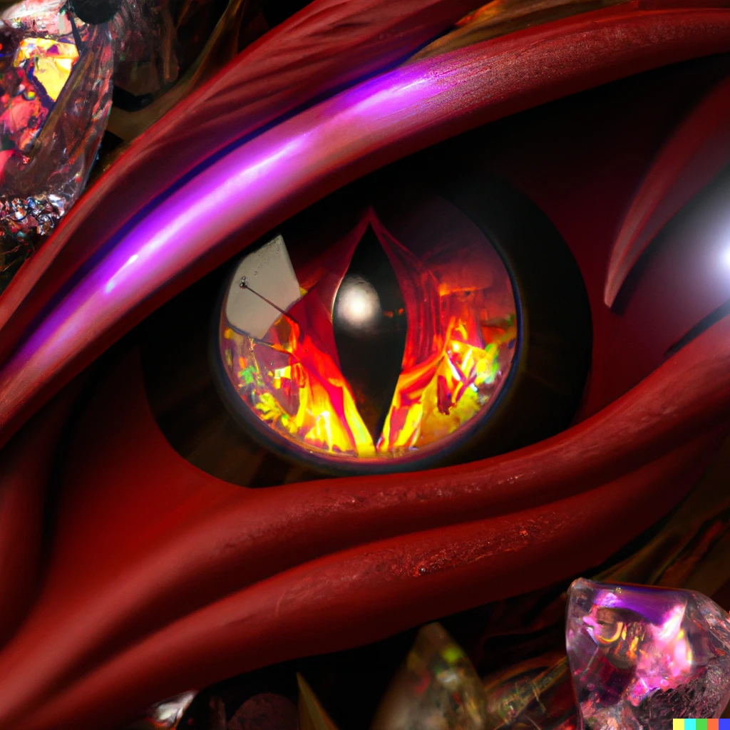 Prompt: the eye of a red dragon surrounded by gold and gemstones, digital art, cinematic