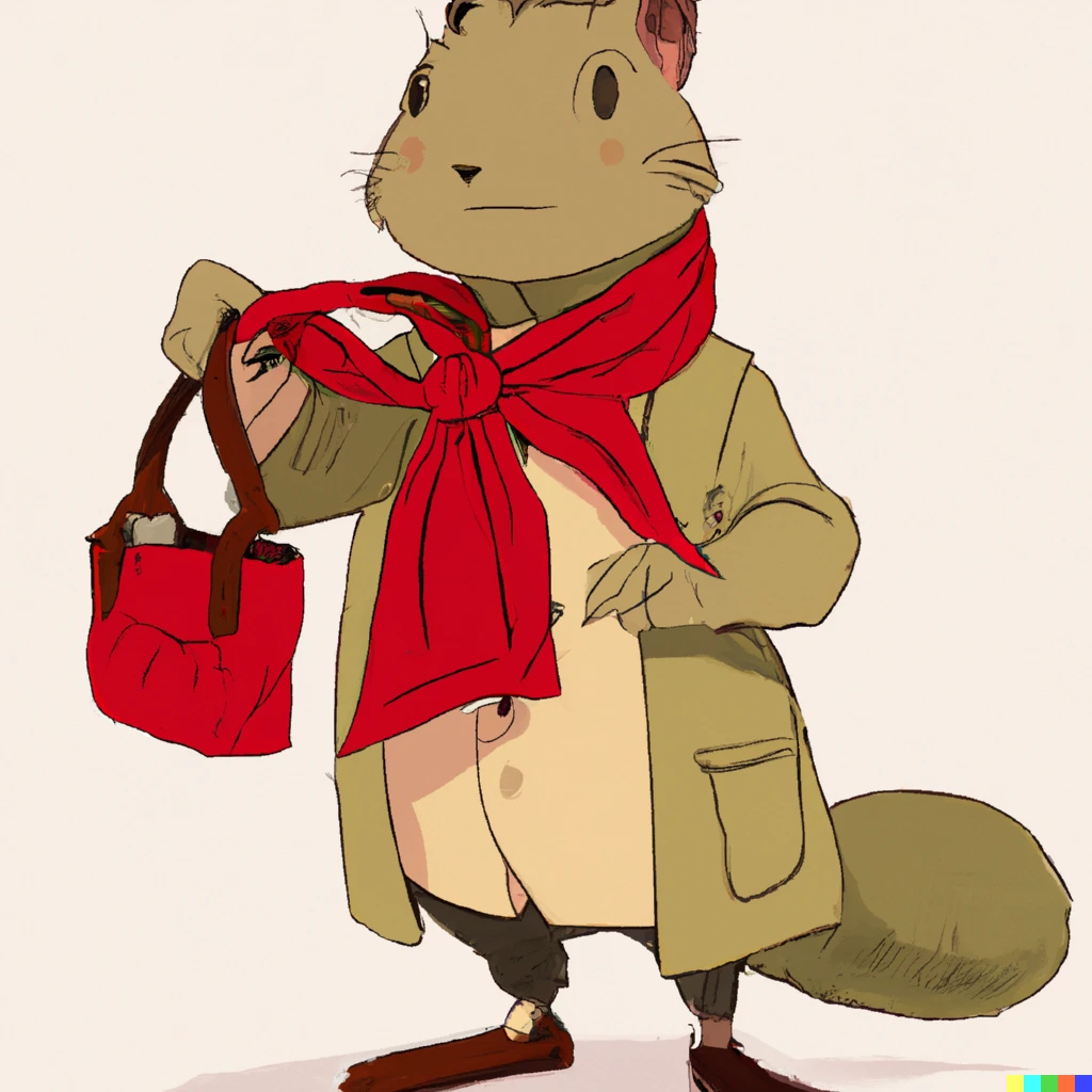 Prompt: quirrel with a red scarf holding a red handbag, by Hayao Miyazaki