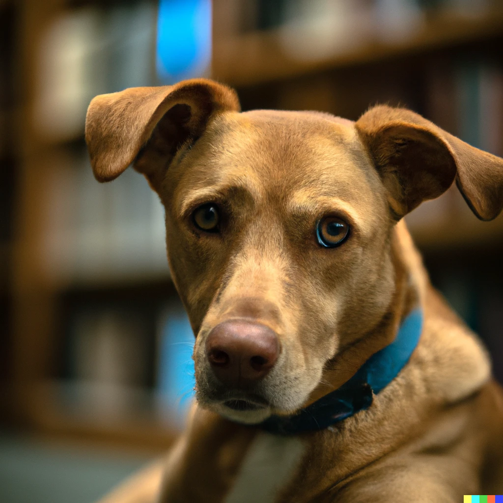 Prompt: A portrait of a dog in a library, Sigma 85mm f/1.4