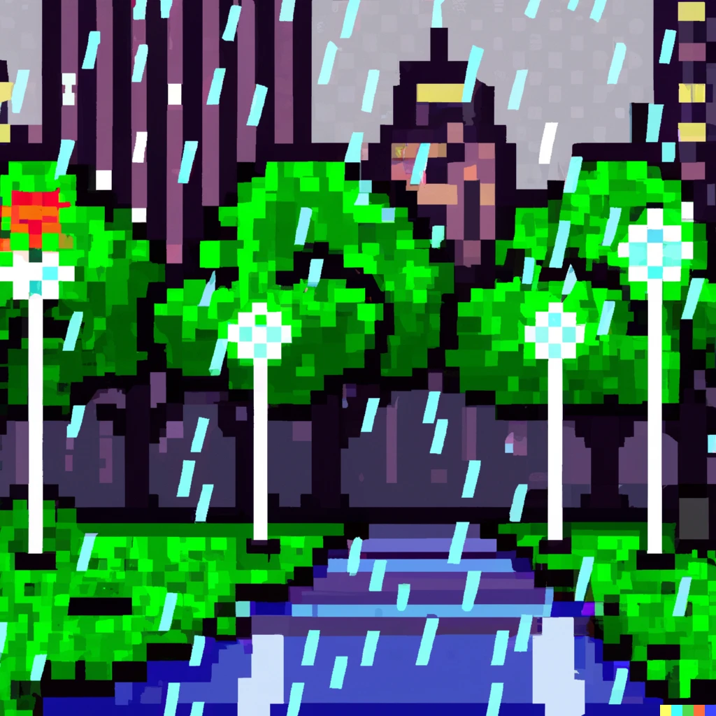 Prompt: central park raining  neon hd pixelart