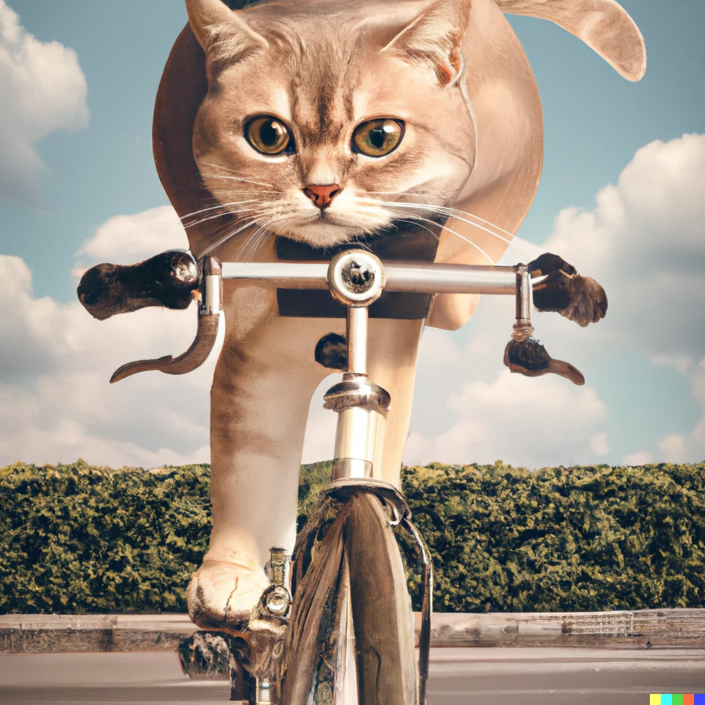 Prompt: A cat riding a bicycle, an illustration by Michael Sowa, but as photography.