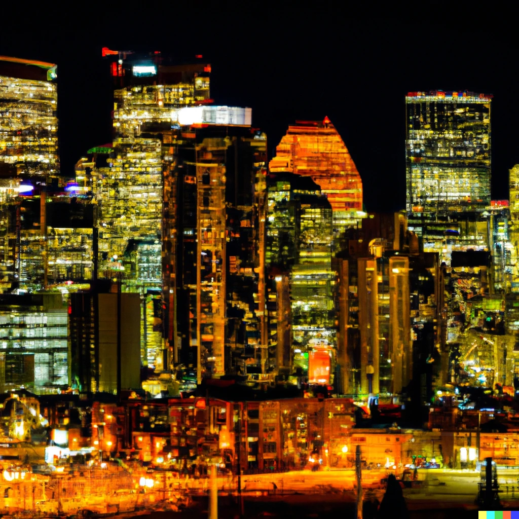 Prompt: The City of Calgary at night with exceptionally detailed lights and shadows