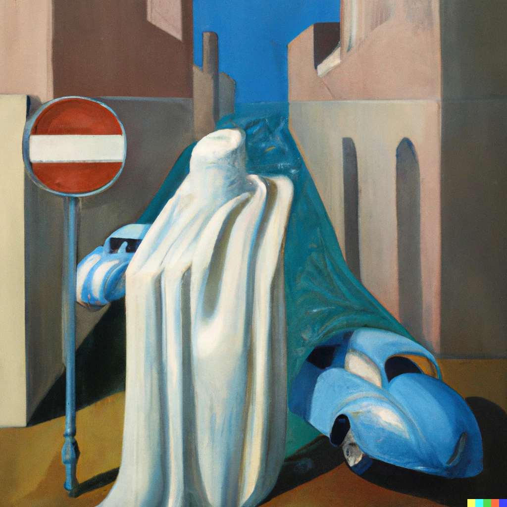 Prompt: "Don't throw bath towels through the water, danger of traffic jams", oil painting by de Chirico