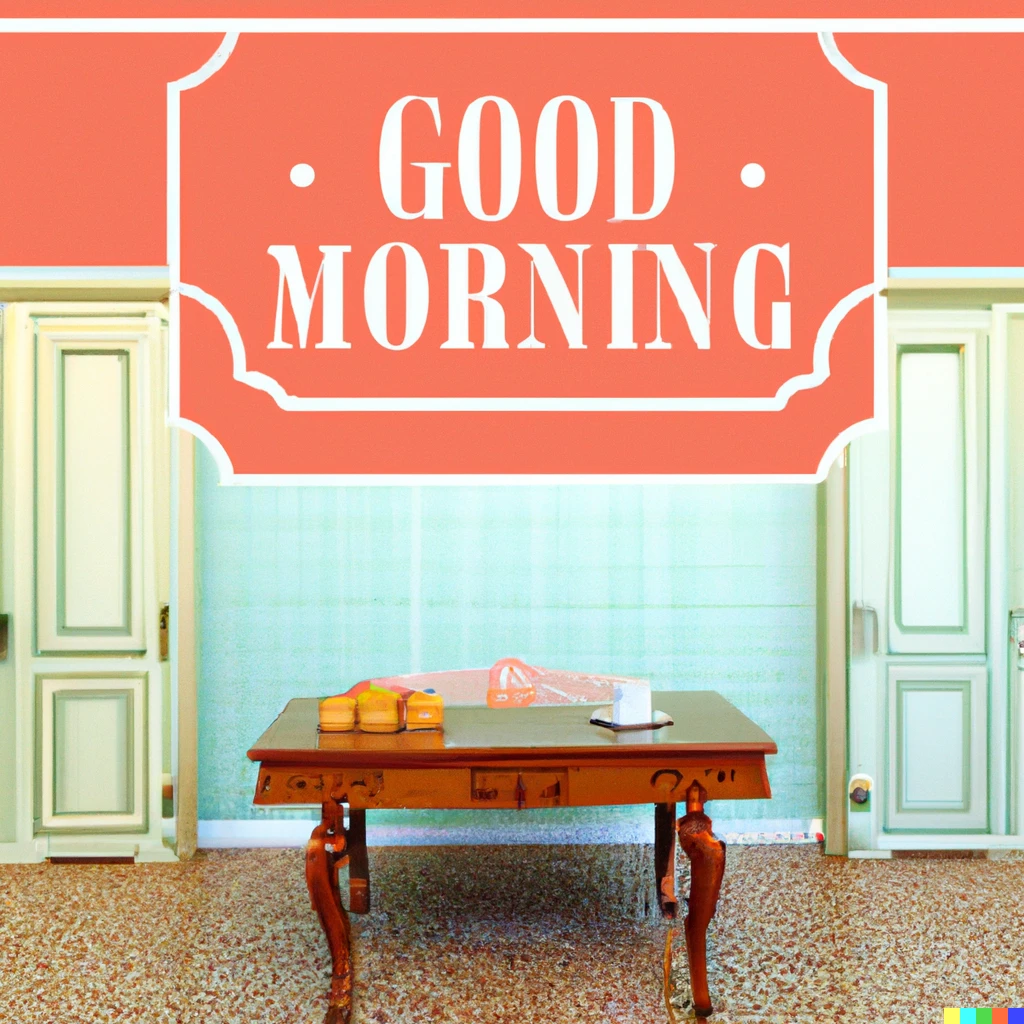 Prompt: Good morning, in style of Wes Anderson, symmetrical image with a room interior.