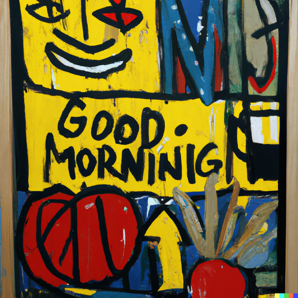 Prompt: Good morning, oilpainting on wood by Jean-Michel Basquiat