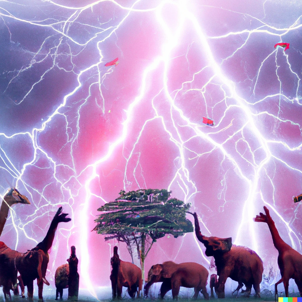 Prompt: All of the worlds animals gathered in one place to celebrate and unimaginable thunder storm
