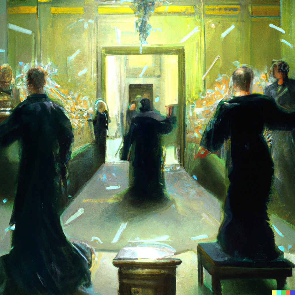 Prompt: A famous BulletTime scene from the movie Matrix with Neo. Neoclassical style, oil painting, very detailed.