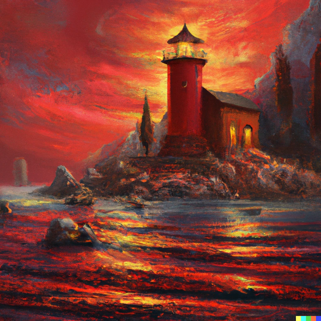 Prompt: lighthouse in the intensively red colored sea, realistic painting by Greg Rutkowski and Thomas Kinkade, trending on artstation